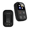 Two views of a black smart remote control, one showing the front with a screen and buttons, and the other showing the back with branding and regulatory information. Podgląd zdjęcia produktu