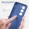 A hand is touching a blue phone case, with fluffy white material in the background. Produktbild-Vorschau