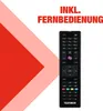 A remote control is shown in front of a graphic background with text indicating it is included. Produktbild-Vorschau