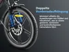 Close-up of an e-bike's front wheel and suspension system with descriptive text. Produktbild-Vorschau