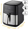 A product shot of an air fryer with dimensions and feature callouts. Produktbild-Vorschau