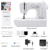 A flat lay of a sewing machine and its accessories, with labels indicating each item. Produktbild-Vorschau