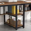 A close-up view of a desk with shelves filled with books, binders, and decorative items. Náhled obrázku produktu