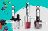 Three hand blenders are shown with different attachments and containers, along with images of berries and fruits. Text overlays indicate volumes. Produktbild-Vorschau