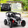 A white and black children's ride-on car with red accents, parked outdoors with a blurred background of trees and a path. Text overlays describe the car's features. Náhľad obrázku produktu
