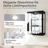 A glass display cabinet with items inside, shown with callout boxes highlighting features. Produktbild-Vorschau