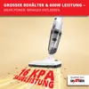 A close-up of a cordless vacuum cleaner, with text overlays highlighting its features and performance. The background is a warm, gradient effect. Voir les images du produit