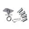 A collection of hardware for mounting a punching bag, including a ceiling mount, screws, and a carabiner. Produktbild-Vorschau