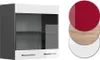 A wall-mounted cabinet with glass doors and drawers, shown next to color swatches. Produktbild-Vorschau