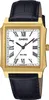 A close-up studio shot of a gold-toned Casio watch with a black leather strap. Produktbild-Vorschau