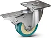 A close-up studio shot of a metal caster wheel with a brake and a teal-colored wheel. Náhled obrázku produktu