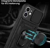 A black phone case with a ring holder is shown attached to a car's air vent, with blue arrows indicating magnetic attraction. Produktbild-Vorschau