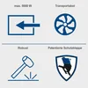 A grid of four icons with German text labels, illustrating product features. Produktbild-Vorschau