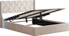 A beige upholstered bed frame with its hydraulic lift mechanism open, revealing the storage space underneath. The headboard has a diamond-tufted pattern with gold accents and integrated blue LED lighting on the sides. Produktbild-Vorschau