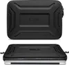 A black laptop case is shown from two angles, one closed and one open with a laptop inside. Produktbild-Vorschau