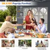 A family is enjoying a meal under a pop-up pavilion in a garden setting. The image also includes smaller inset images showcasing different uses of the pavilion for parties, weddings, and commercial events. Náhled obrázku produktu