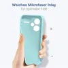 A hand holding a light blue phone case with text overlay. Produktbild-Vorschau