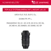 This image displays compatibility information for L-mount system cameras and a product image of a camera lens. Produktbild-Vorschau