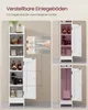 A collage of images showing a white bathroom cabinet with its doors open and closed, highlighting adjustable shelves and storage. Produktbild-Vorschau