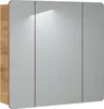 A modern bathroom cabinet with mirrored doors and a wood-effect frame. Produktbild-Vorschau
