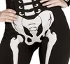 A close-up of a person wearing a black jumpsuit with a white skeleton print, focusing on the pelvic and upper leg area. Produktbild-Vorschau