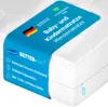 A close-up view of a white mattress with a blue marketing band wrapped around it, highlighting product features and brand information. Produktbild-Vorschau