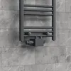 A close-up view of a dark gray radiator valve set mounted on a gray tiled wall. Produktbild-Vorschau