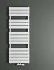 A white flat panel radiator mounted on a gray wall. Produktbild-Vorschau