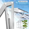 A collage of images showing a close-up of a metal mechanism, a greenhouse roof, and a small greenhouse with a tomato plant. Produktbild-Vorschau