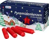 Auf dem Bild ist eine Schachtel mit der Aufschrift Pyramidenkerzen zu sehen die rote Kerzen enthält und mit winterlichen Motiven wie einem verschneiten Haus einem Rentier und einem Stern verziert ist Voir les images du produit