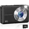A black digital camera with a silver lens is shown on a white background. A 32GB memory card is placed next to the camera. Produktbild-Vorschau