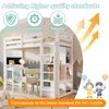 A loft bed with a desk and wardrobe, featuring icons and text highlighting quality standards. Produktbild-Vorschau