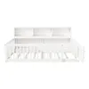 A white wooden daybed with a bookshelf headboard and a slatted base, shown from the front. Produktbild-Vorschau
