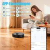 A woman is using a smartphone while a robot vacuum cleaner is on the floor, with app interface displayed on the phone. Produktbild-Vorschau