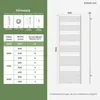 A size chart and diagram for a white towel radiator, showing dimensions and heating area. Produktbild-Vorschau