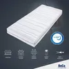 A white mattress is shown on a dark gray background with various icons and text describing its features. Produktbild-Vorschau