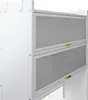 A close-up view of a white kitchen cabinet with two gray, slatted doors. Anteprima dell’immagine prodotto