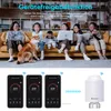 A family is relaxing on a couch while using electronic devices, with a dog present. Below this scene, there are images of smartphone apps controlling smart thermostats and a smart thermostat device. Podgląd zdjęcia produktu