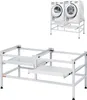 A product shot of a washing machine stand with two washing machines on top, and a separate shot of the stand alone. Voir les images du produit