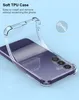 A clear TPU phone case is shown being placed onto a purple Samsung Galaxy S24 smartphone. Produktbild-Vorschau