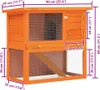 A diagram of an orange wooden rabbit hutch with dimensions indicated by purple lines and text. Produktbild-Vorschau