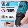 Close-up of a teal and black cordless drill with various drill bits and instructional text. Náhled obrázku produktu