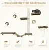 A wall-mounted cat tree with various platforms, perches, and a scratching post, displayed against a striped background. Icons representing different cat activities are shown at the bottom. Produktbild-Vorschau