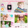 Collage of images showcasing a pink smartwatch for children, highlighting its features like face recognition, camera, and video calls, with children interacting with the product. Produktbild-Vorschau