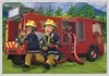 Two firefighters in uniform are operating a fire hose connected to a fire truck. Anteprima dell’immagine prodotto