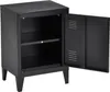 A black metal nightstand with one door open, revealing two shelves. Produktbild-Vorschau