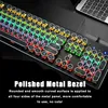 A close-up, angled view of a colorful, retro-style mechanical keyboard with RGB backlighting, placed on a dark surface next to a laptop. Produktbild-Vorschau