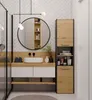 A modern bathroom vanity with a sink, mirror, and storage cabinet. Produktbild-Vorschau