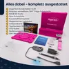 A flat lay of a pink AngelTech Kindertablet SLIM and its accessories, with a list of included items in German. Produktbild-Vorschau