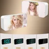 A collage showing a digital alarm clock with customizable photo frames and different brightness settings. Produktbild-Vorschau